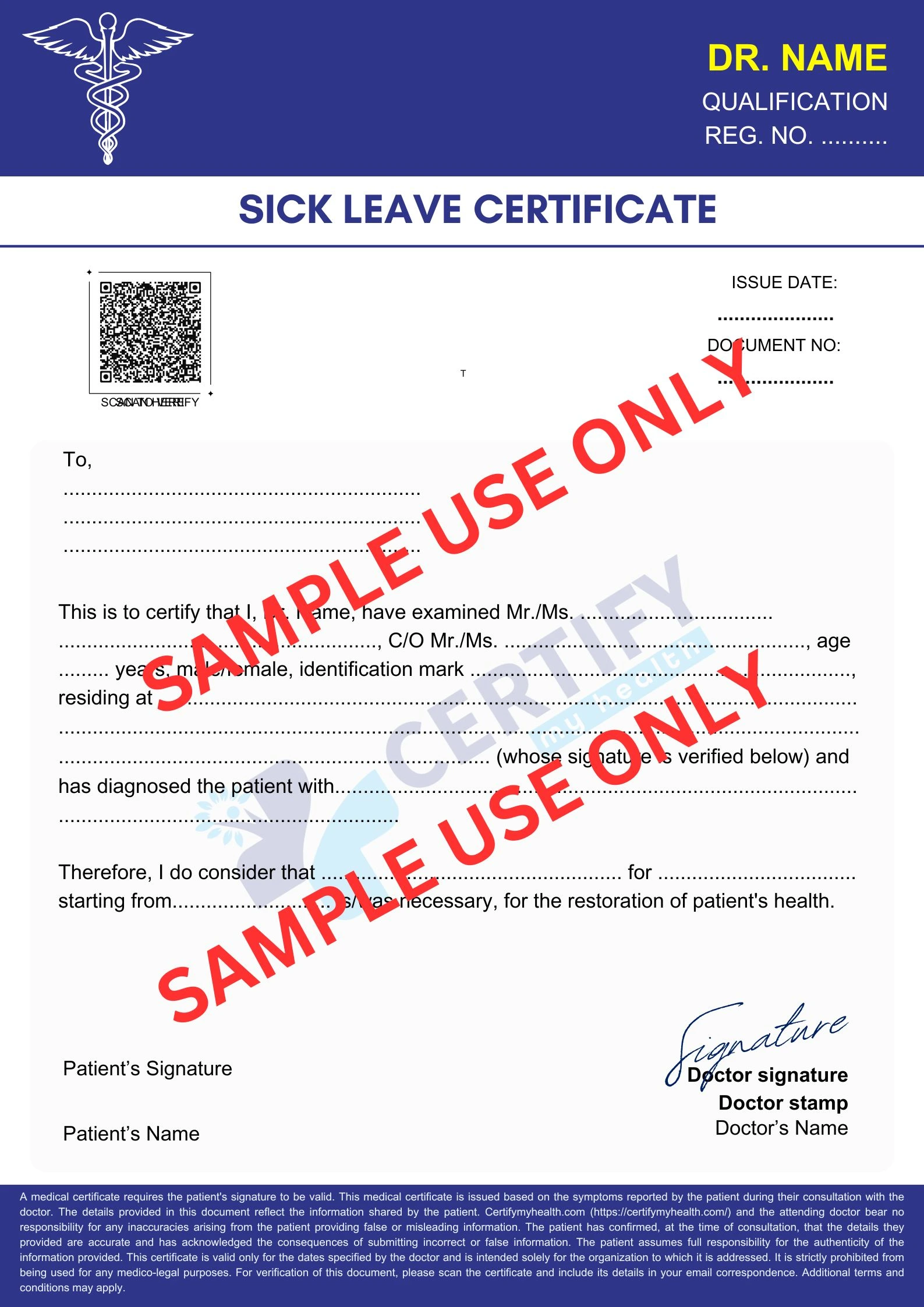 Sample online sick leave certificate issued by Certify My Health showing doctor assessment, recommended rest period, NMC registration number, seal, signature and QR code